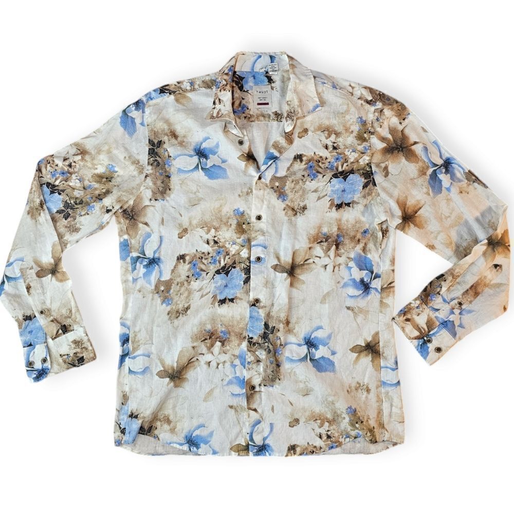 🌴 Haupt Germany Floral Button Down Shirt | Beige Blue Tropical | Size L